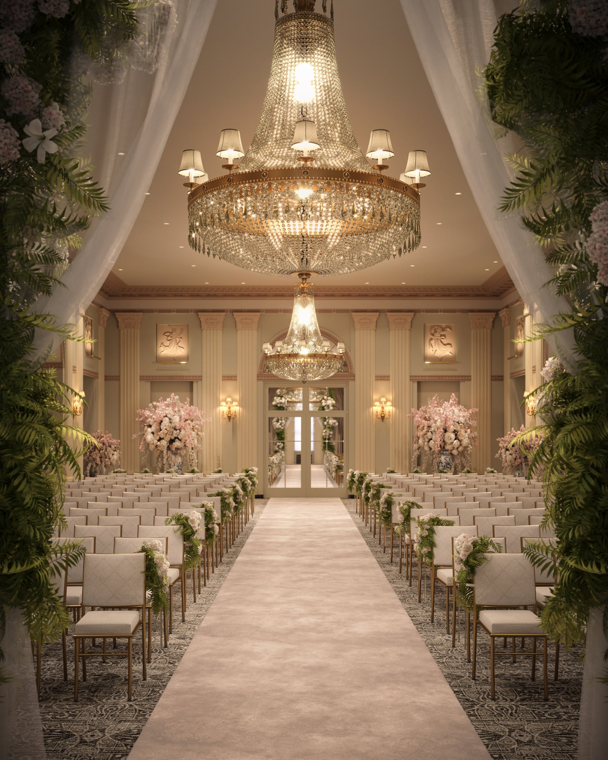 large ballroom set up for a wedding with a large chandelier and rows of chairs