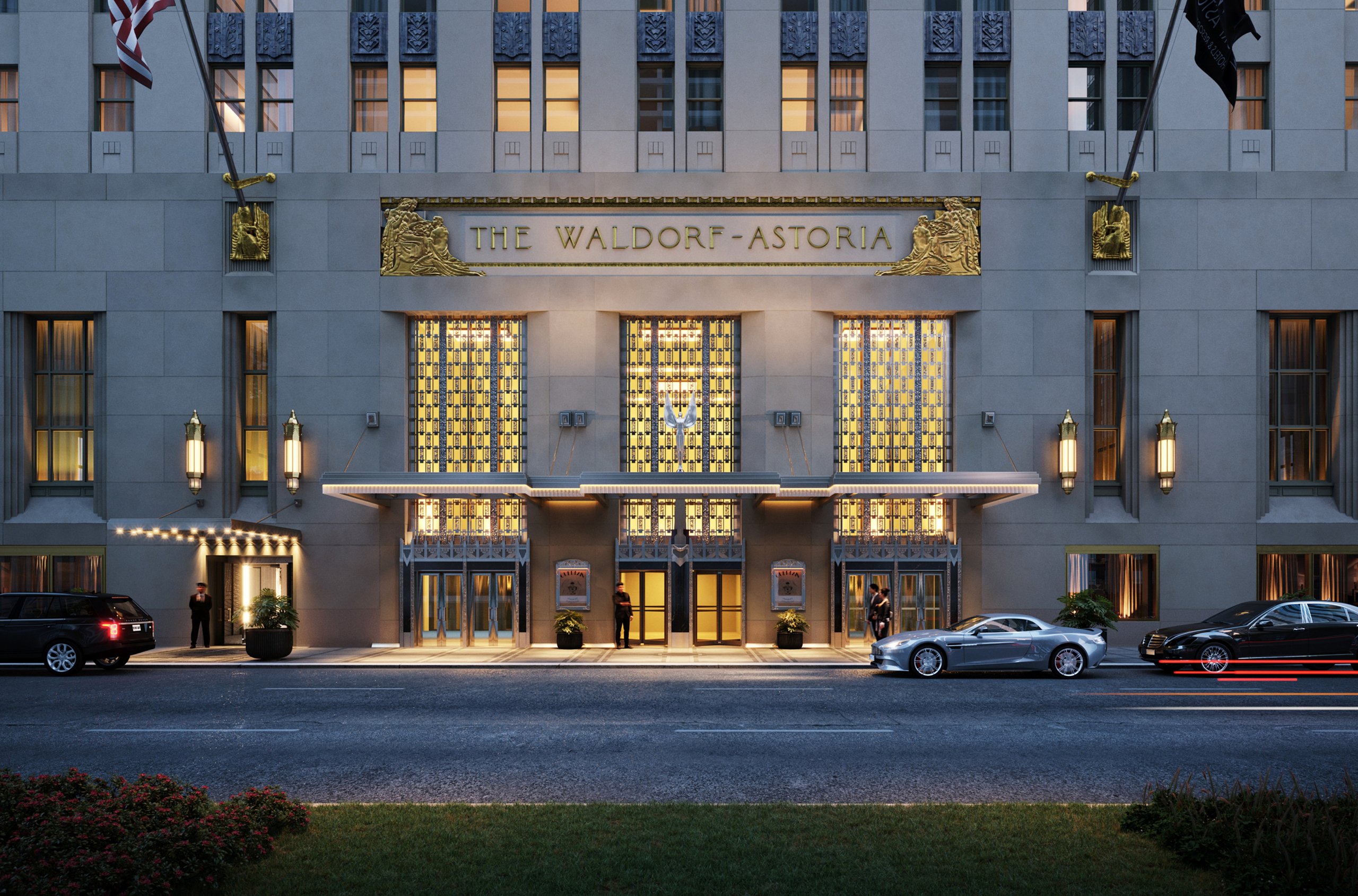 entrance to the Waldorf Astoria with cars in front