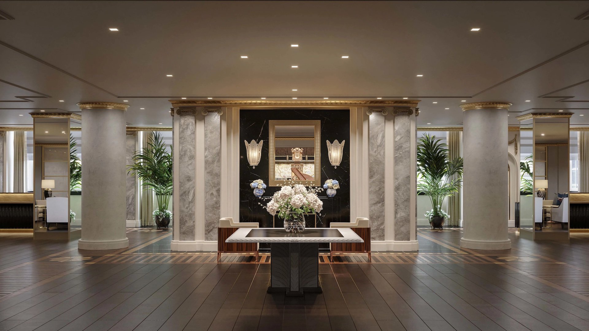 foyer with large table and white flowers