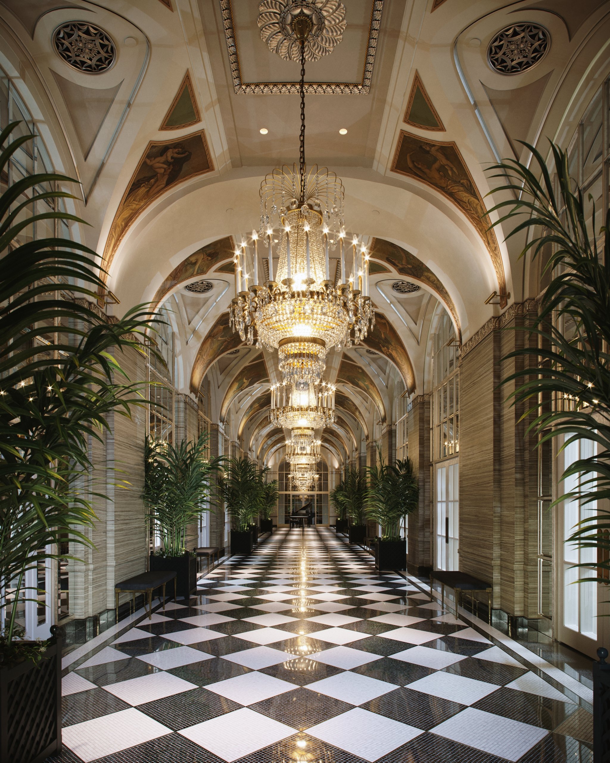 large hallway with checkered floors and several chandeliers